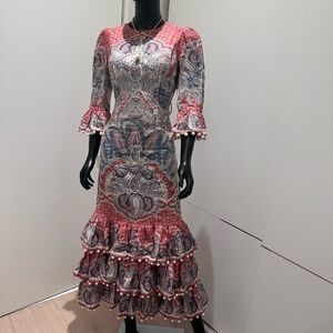 Zimmermann Red and Blue Paisley Midi Dress with Pom-Pom Trim